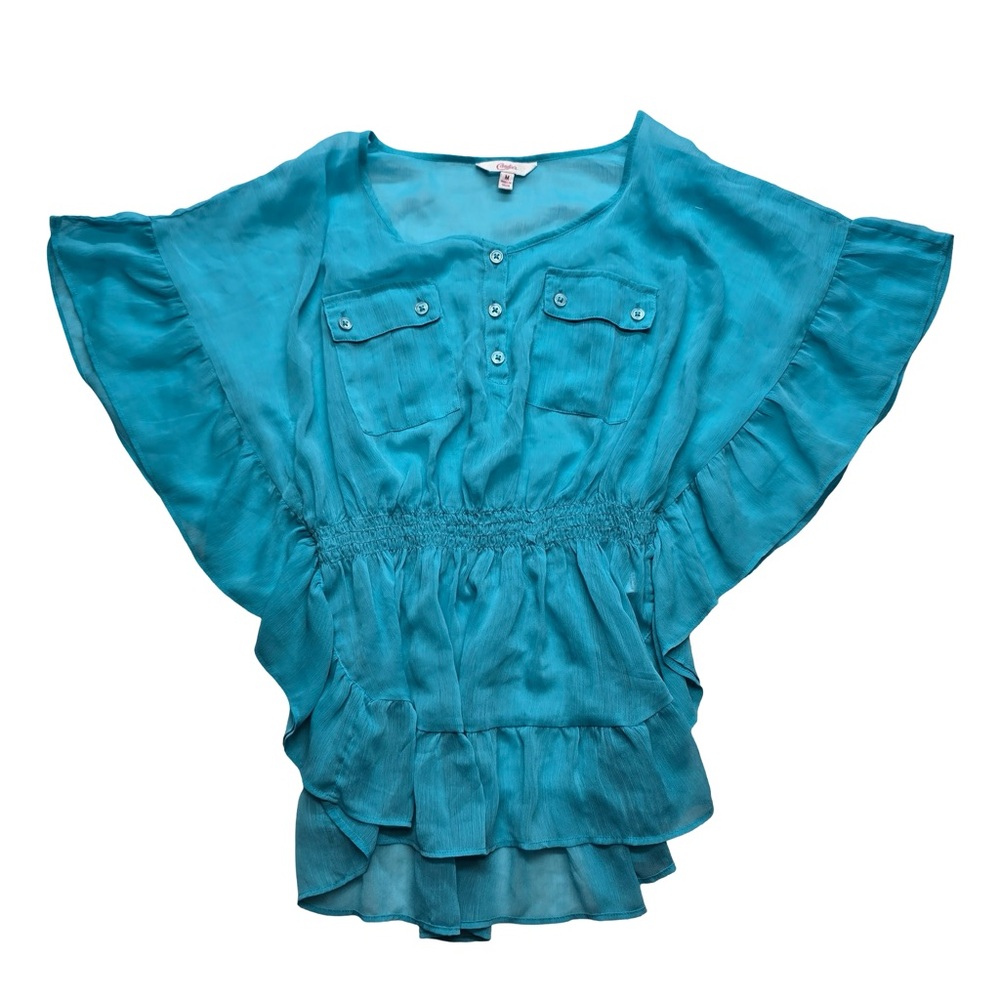 Candie’s Boho Ruffle‎ Blouse Teal Sheer Flutter Sleeve Medium